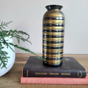 Vintage 7.5 Tall Solid Brass Vase with Black and Gold Striped Design.